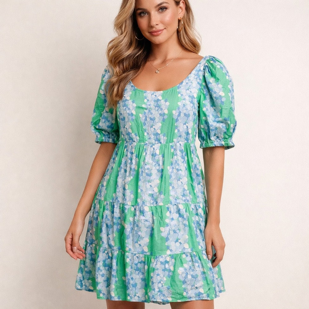 Emily McCarthy “Joy” Floral Puff Sleeve Tiered Dress — Size S
